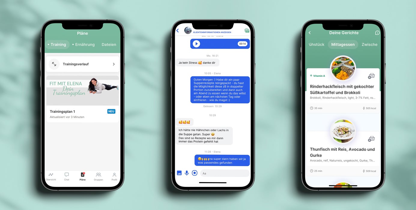 Ein Mockup der Coaching-App, das die verschiedenen Funktionen zeigt.
